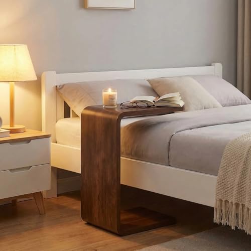 C Shaped End Table for Couch – Wood Sofa Side Table with Slide-Under Base | Space Saving Narrow Snack Table for Living Room, Bedroom & Small Spaces, Walnut - color: Walnut