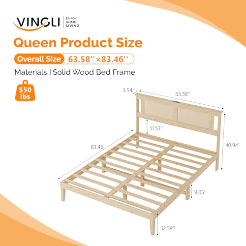 VINGLI Boho Queen Bed Frame with Rattan Headboard, Wooden Platform Bedframe with Charging Station and Underbed Storage for Bedroom,Solid Wooden Slats Surpport, Noise Free,Natural - size: Queen