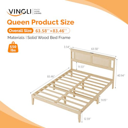 VINGLI Boho Queen Bed Frame with Rattan Headboard, Wooden Platform Bedframe with Charging Station and Underbed Storage for Bedroom,Solid Wooden Slats Surpport, Noise Free,Natural - size: Queen