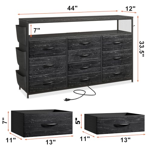 EnHomee Dresser with 10 Drawers, LED TV Stand for 55" TV with Power Outlets | Chest of Drawers with Side Pockets and Shelves, Metal Frame and Sturdy Wood for Bedroom, Hallway, Black - color: Black