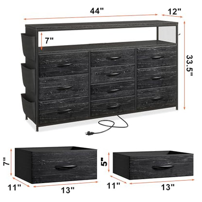 EnHomee Dresser with 10 Drawers, LED TV Stand for 55" TV with Power Outlets | Chest of Drawers with Side Pockets and Shelves, Metal Frame and Sturdy Wood for Bedroom, Hallway, Black - color: Black