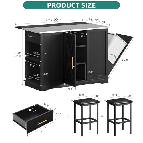 YITAHOME Kitchen Island with Seating | 47" Mobile Storage Island with Trash Can, Drop Leaf & Stainless Steel Countertop, 2 Stools, Spice Rack, Black