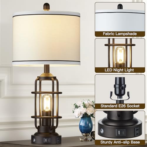 Modern Table Lamps Set of 2, Industrial 3-Way Dimmable Bedside Lamp with USB A+C Ports & AC Outlet, 25" Touch Control Nightstand Lamp LED Night Light for Living Room Bedroom Home(4 Bulbs Included) - color: Black-1