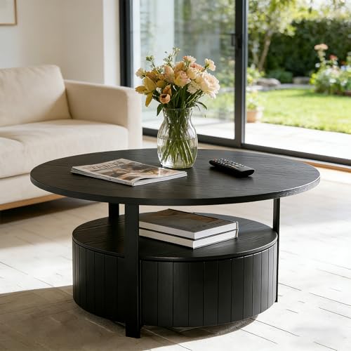 33.07" Round Coffee Table with Storage, 2 Tier Modern Wood Center Table with Drawer, 2 Tiers and 1 Drawer, Accent Table for Living Room, Apartment, Small Space.(Black) - color: Black-a