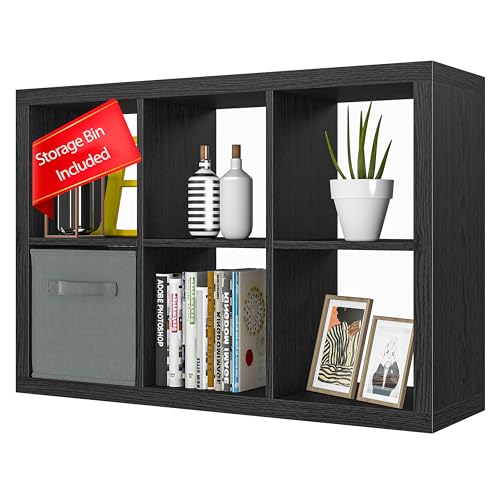 furtble Bookshelf with Storage Bin, 6-Cube Storage Organizer, Modern Wood Open Bookcase, Multifunctional Display Shelf for Living Room, Bedroom, Home Office, Black - color: Black, size: 6 cube