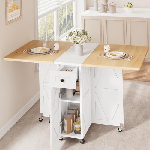 Jocoevol Folding Dining Table, Dining Table Set for 4, Foldable Kitchen Table Farmhouse Dinner Table, Space Saving Drop Leaf Tables for Small Spaces, Extendable Dining Room Table (Pear Wood White)