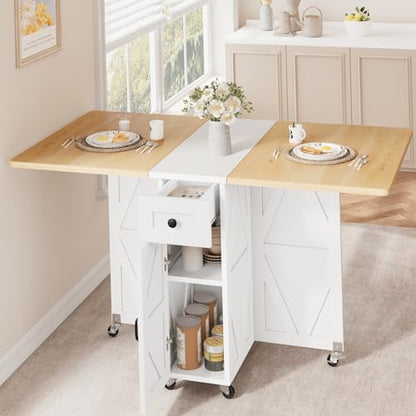 Jocoevol Folding Dining Table, Dining Table Set for 4, Foldable Kitchen Table Farmhouse Dinner Table, Space Saving Drop Leaf Tables for Small Spaces, Extendable Dining Room Table (Pear Wood White)