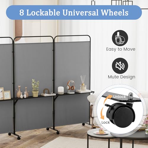 GOFLAME 3 Panel Room Divider with Storage Shelves, 6FT Folding Privacy Screen with Lockable Wheels, Portable Rolling Wall Divider, Freestanding Partition Screen for Room Separation, Grey - color: Grey