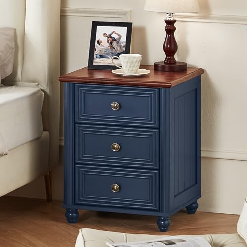 RWYHG 18" Night Stand with 3 Drawers, Farmhouse Modern Nightstand | Blue Farmhouse Modern Bedside Table, Open Storage Shelf, Solid Wood Legs, Bed Side End Tables for Bedroom Living Room - color: Navy Blue, style: 3 Drawers