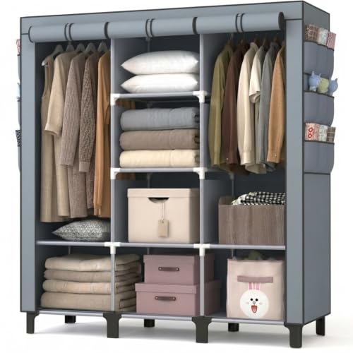 Portable Non-Woven Fabric Wardrobe, 2 Hanging Rods & Multi Tier Storage Shelves, 18 Side Pockets Clothes Closet Organizer, 130×45×172cm for Bedroom Dorm Living Room, Gray (Gray) - color: Grey