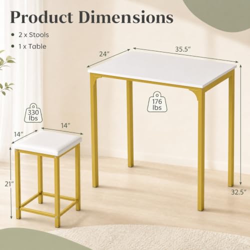 COSTWAY Dining Table Set, Counter Height Table & 2 Upholstered Stools | White & Gold, PU Leather Seats, Metal Frame, Modern, Space-Saving for Small Space Dorm & Kitchen Island - color: White & Gold