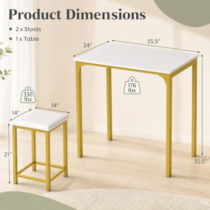 COSTWAY Dining Table Set, Counter Height Table & 2 Upholstered Stools | White & Gold, PU Leather Seats, Metal Frame, Modern, Space-Saving for Small Space Dorm & Kitchen Island - color: White & Gold