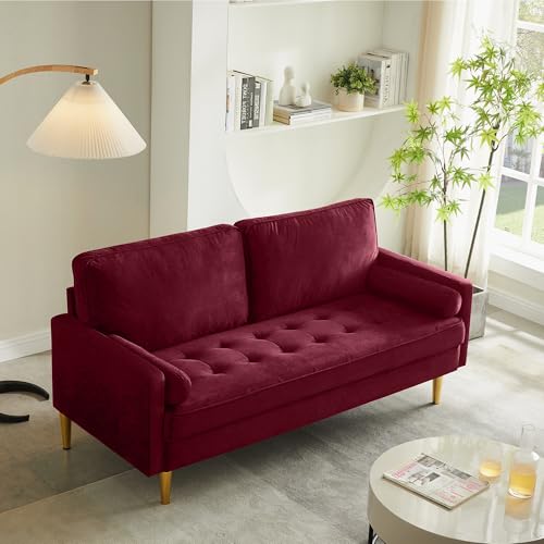 67" Mid Century Modern Loveseat Sofa, Tufted Love Seat Couch | Velvet Comfy Couch for Living Room, Gold Legs, Thick Cushions, 2 Seater Sofa 2 Pillows for Apartments, Bedrooms, Offices - color: 67"-red