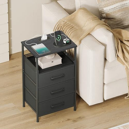 JARHETUN Nightstand Set of 2, Night Stands with Charging Station, 26.4 Inch Tall Bedside Table with Metal Shelf, Modern Side End Table with 3 Fabirc Drawers, Small Dresser for Bedroom, Black - color: Black, style: Power