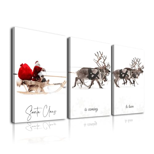 Framed Christmas Wall Art Set of 3,Santa Claus with Sleigh Canvas Art Prints,Christmas Wall Decor Living Room,Vintage Christmas Decor Santa Claus is Coming to Town Winter Wall Art Xmas Sign for Home Bedroom Bathroom Decoration,12"x16" - color: Santa Claus