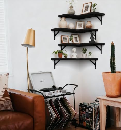 LEOPO Corner Floating Shelves Wall Mounted Set of 4, Corner Wall Shelves | Rustic Wood Storage Display for Home Decor, Bedroom, Living Room, Kitchen, Office, Bathroom, Laundry Room, Black - size: Black 4-Pack