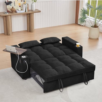 66" Multi-Functional Pull-Out Sofa Bed with Hidden Side Table, Storage Armrests, Built-in Charging Port, Spring Mattress, Solid Wood Frame – Ideal for Small Spaces, Easy Assembly - color: Fashion White