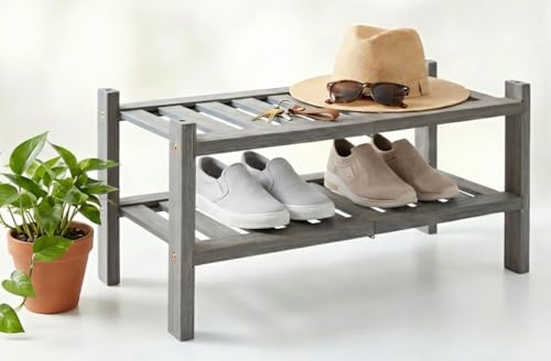 2-Tier Acacia Wood Stackable Shoe Rack - Brush Grey - color: Grey