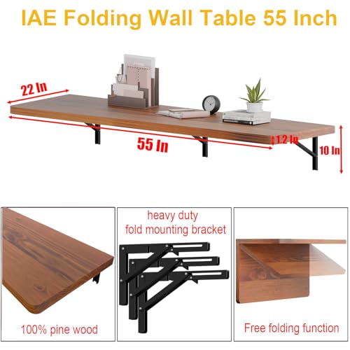 IAE Floating Wall Mounted Folding Table Desk with Pine Wood,55x22in, Teak | Foldable Workbench,Fold Down Wall Mounted Foldable Desk with Shelf Brackets,Laundry Folding Table for Home,Dining,Kitchen - color: Teak, size: 55*22*10 Inch