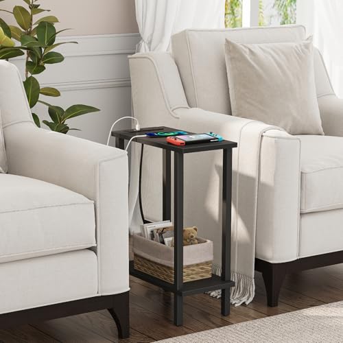 TUTOTAK Narrow Side Table, 2-Tier Small End Table with Charging Station | Skinny Sofa Table, Slim Nightstand, Easy Assembly for Living Room, Bedroom, Black TB01BK060 - color: Black, size: 2-tier