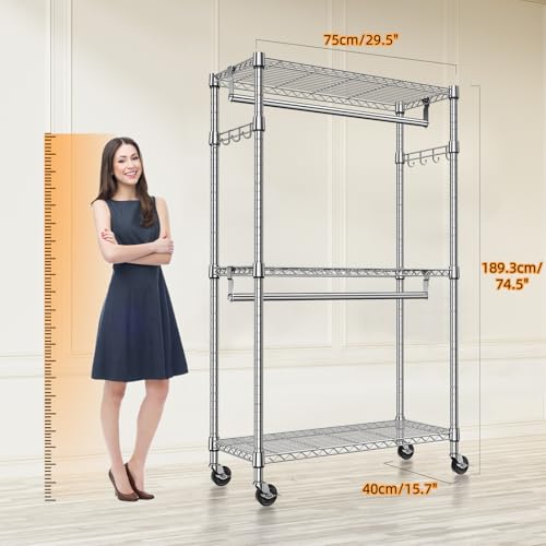 M MZG Heavy Duty Rolling Garment Rack 3 Tiers Adjustable Wire Shelving Clothes Rack with 2 Rods and Side Hooks,Storage Closet Clothing Rack with Wheels Chrome 15.7" D x 29.5" W x 74.5" H - color: Chrome, size: 3 Tier with 2 rod, 15.7"D x 29.5"W x 74.5"H