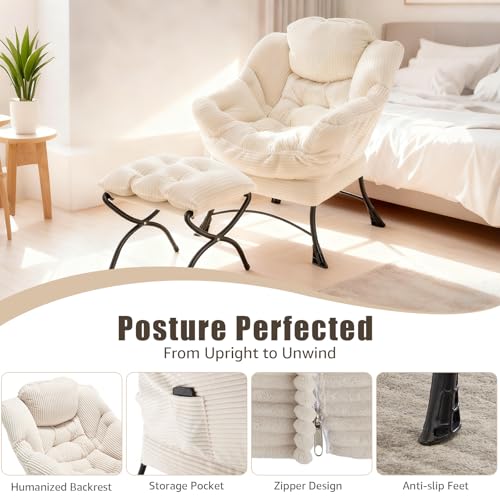 Lazy Chair with Ottoman, Modern Skinny Lounge Chair with Footrest | Foldable Footrest, Padded & Backrest with Side Pocket, Comfy Accent Reading Chair for Living Room & Small Spaces, White - color: White