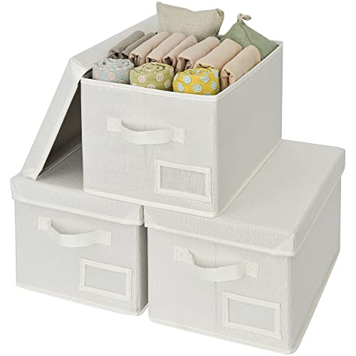 GRANNY SAYS Storage Bins with Lids, Decorative Storage Boxes with Lids | Storage Box with Dust Cover, Handles & Lable, Collapsible, Ideal for Closet Clothes Blanket Toys, Large, Ivory, 3-Pack - color: Ivory, size: Large