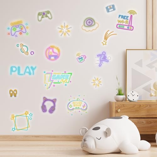 Neon Gaming Wall Stickers for Kids, Neon Gamer Wall Stickers for Children Room, Neon Video Game Character Removable Stickers for Baby Kids Nursery Girls Bedroom Living Room Playroom Wall Decoration - style: Neon Gaming