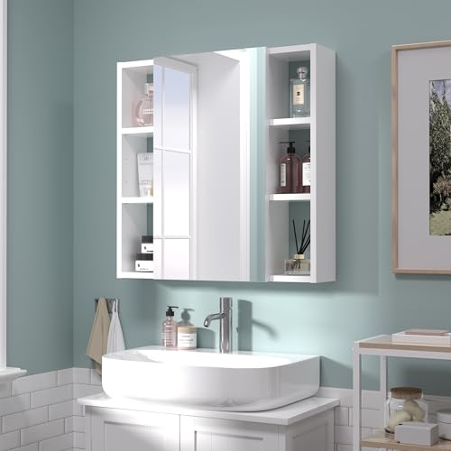 Bathroom Cabinet with Mirror, Wall Cabinet with 2 Mirrored Doors, Adjustable Shelf, Open Compartment, Wall-Mounted, 24x24 Inches, White (Assembly Required) - color: White, size: W24 x H24 - 1 Door