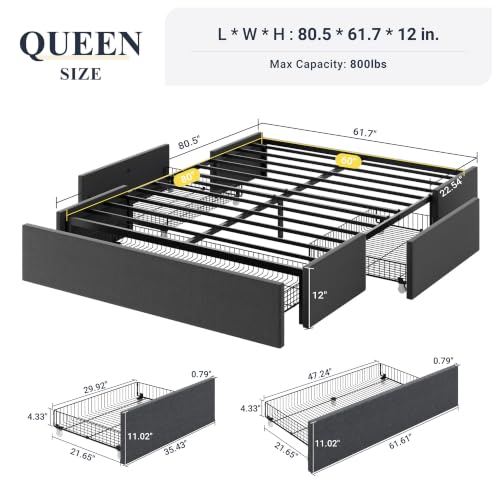 Allewie Queen Size Platform Storage Bed Frame with 3 Drawers, Dark Grey | Fabric Upholstered, Metal Slats Support, No Box Spring Needed, Noise Free, Easy Assembly - color: Grey Fabric, size: Queen (U.S. Standard)