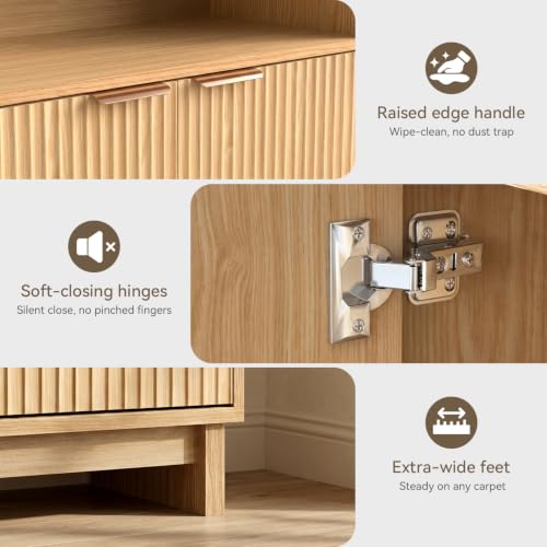 Buffet Cabinet with Storage, 31.5" Wide Kitchen Sideboard Cabinet | Mid Century Modern Wood Fluted Cabinet with Doors& Adjustable Shelves for Entryway Living Room Hallway Coffee Bar Dining Room - color: Natural Oak