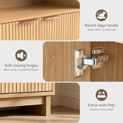 Buffet Cabinet with Storage, 31.5" Wide Kitchen Sideboard Cabinet | Mid Century Modern Wood Fluted Cabinet with Doors& Adjustable Shelves for Entryway Living Room Hallway Coffee Bar Dining Room - color: Natural Oak