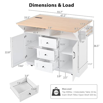 Kitchen Island with 2 Drop Leaf, Home Cart Island on Wheels Foldable Dining Table with Power Outlets,3 Drawers,Storage Cabinet, Tower Rack(White) - color: White