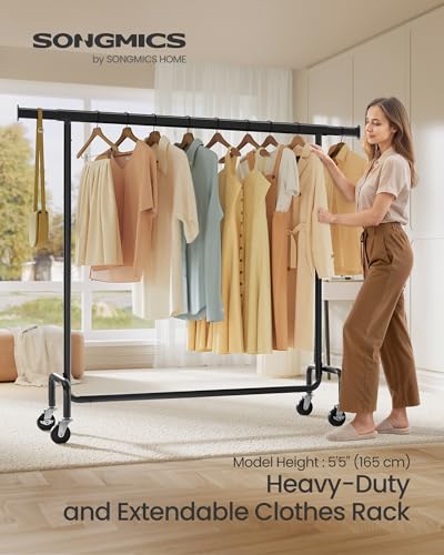 SONGMICS Clothes Rack with Wheels, Heavy-Duty Garment Rack with Extendable Hanging Rod, 286.6 lb Load Capacity, 17.7 x (43.3-59.1) x 64.1 Inches, Chrome-Plated, Matte Black UHSR011B01 - color: Matte Black, size: (43.3"-59.1")W