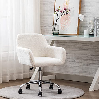Faux Fur Makeup Vanity Chair,Home Office Desk Chair with Wheels, White | Fluffy Swivel Modern Armchair Upholstered Fuzzy Height Adjustable for Teens Women Girls Elegant for Living Room Bedroom - color: White+plush