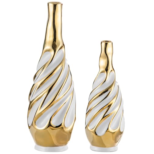 Yundu Gold with White Vase Set of 2 | Pampas Grass Vase, Ceramic, Boho & Modern Centerpieces, Living Room, Shelf, Coffee, Home Decor - color: White With Gold