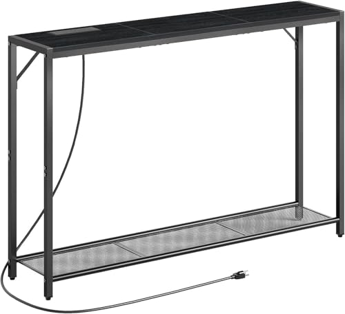 MAHANCRIS 43.7" Console Table with Outlet, Narrow Sofa Table with Shelf | 2 Tier Behind Couch Table, Charging Station, Steel Frame, for Entryway, Living Room, Foyer, Hallway, ofice, Black CTHB11E01N1 - color: Black