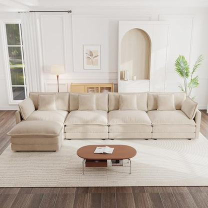Modular Sectional Sofa, 146.5 Inch L Shaped Couch Set for Living Room, 4-Seater Comfy Cloud Couches with Movable Ottoman, DIY Combination, Chenille, Light Coffee - color: Light Coffee, size: 146.5 Inch- L