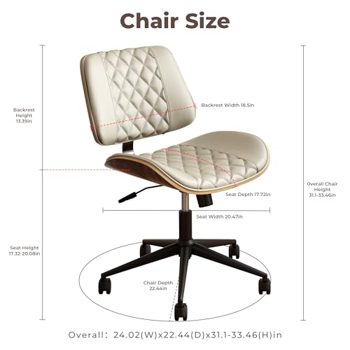 Home Office Chair No Arms with Wheels, Armless Adjustable Height Small Desk Chair, Armless PU Leather Computer Chair Mid Back 360 Swivel, Modern Walnut, Reading Meeting Room (White) - color: White