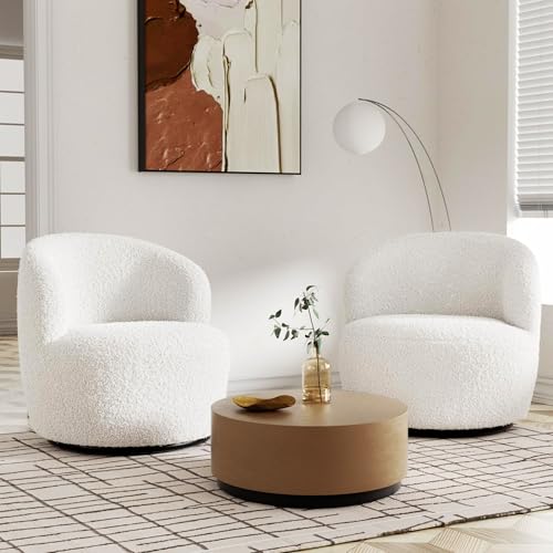 FiveWillowise Swivel Accent Chair Set of 2, 360° Small Round Barrel Chairs, Modern Cozy Sherpa Padded Armchair for Living Room, Bedroom, Waiting Room, Office, White - color: White, size: 2 PC