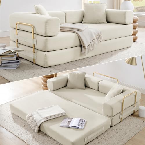 HANXIN 78 Inch Convertible Sleeper Sofa Bed, Folding Floor Mattress Couch with Fixed-Shape Frame, Futon Boneless Couch Lounge Loveseat with Pull Out Bed, No Assembly Required (Beige) - color: Beige, size: 78" Loveseat Sofa Bed