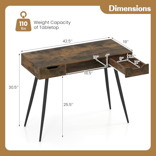 GIANTEX Mid Century Modern Computer Desk with Drawers, 42.5" Writing Desk with Open Storage Cubby, Vanity Table with Metal Leg, Compact Wooden Study Table for Small Spaces Home Office (Rustic Brown) - color: Rustic Brown