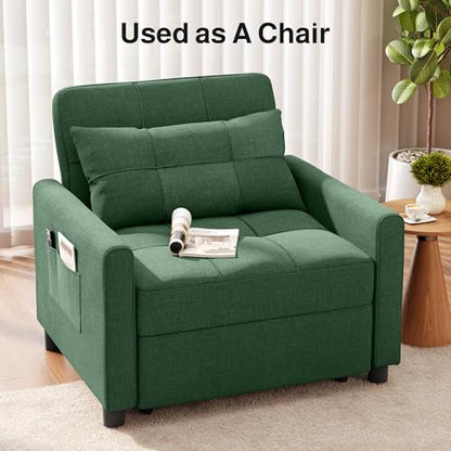 Convertible Sleeper Chair Sofa Bed, 3 in 1 Pull Out Chair, Green | 3 in 1 Chair Bed, Adjustable Backrest, Storage Pocket, Compact Fit for Living Rooms, Apartments, Guest rooms - color: Green