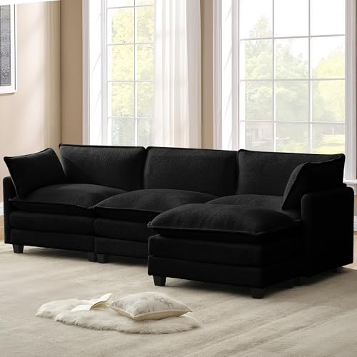 ROWHY 112'' Modular Sectional Cloud Couch with Movable Ottoman, 4 Seat Modern Chenille Sofa, Deep Seat L Shaped Couch for Living Room Bedroom Apartment,Jet Black - color: Jet Black, size: 112''