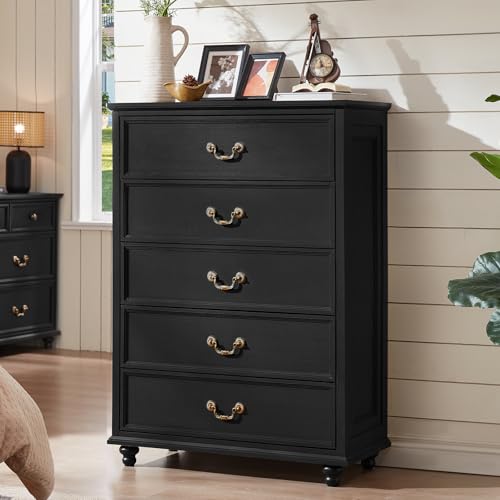 Joaxswe Farmhouse 5 Drawer Dresser for Bedroom, 45" Tall Rustic Chests of Drawers w/ 4 Solid Wood Feet, Mid Century Modern Wooden Closet Storage Dressers Organizer for Living Room, Hallway, Black - color: Black, size: 15.7"D x 31.5"W x 44.9"H (5 Drawers)