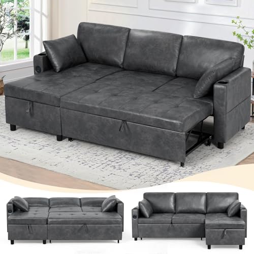 84 inches Suede Leather Sleeper Sofa w/Pull Out Bed, Grey | L-Shape Sectional Sofa Bed w/Adjustable Backrest and Storage Chaise, 3-Seats Upholstered Sofa Bed w/USB Port for Living Room - color: Grey, size: 84"