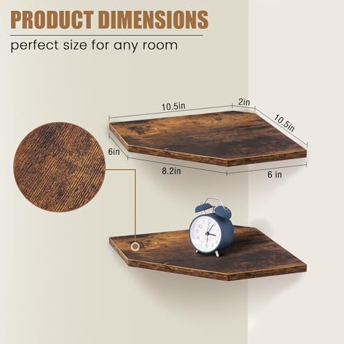 Fun Memories Corner Shelf Wall Mount, Floating Corner Shelves, Set of 2 Corner Wall Shelf Organizer, Rustic Wood Wall Storage Display Shelves for Living Room Bedroom Bathroom Kitchen, Rustic Brown | Organizer - color: Brown, size: 10.5" x 10.5", Set of 2