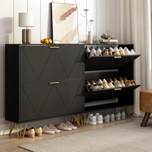 Tradare Black Shoe Cabinet Storage for Entryway, Set of 2, Narrow Shoe Cabinet with 2 Flip Drawers,Freestanding Organizer with Fluted Panel for Living Room, Bedroom, Hallway, Closet - color: Black, size: 2 PC