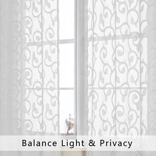 Furman Sheer White Curtains 90 inches Long for Bedroom Living Room 2 Panels Set, Light Filtering Soft Semi Sheer Jacquard Clip Farmhouse Curtains Rod Pocket Design, Each 52Wx90L inch - color: White, size: 52"W x 90"L (Pack of 2)
