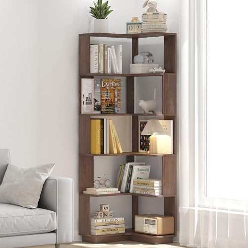 GDFStudio 64.6" Tall L-Shaped Corner Bookshelf, 6-Tier Freestanding Corner Shelf Bookcase with Anti-Drop Panels, Wooden Open Back Display Shelves Organizer for Living Room Bedroom Office, Dark Brown - color: Dark Brown